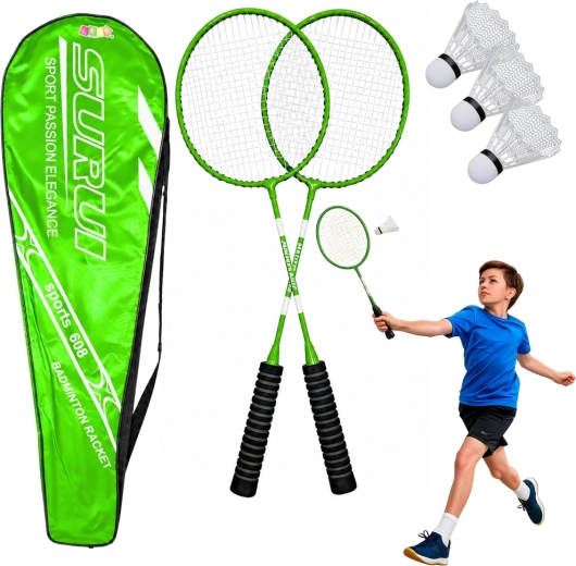Set de bádminton verde: 2 raquetas, 3 volantes de plástico y bolsa