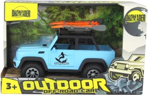 Jeep Dromader con tabla de surf a pilas