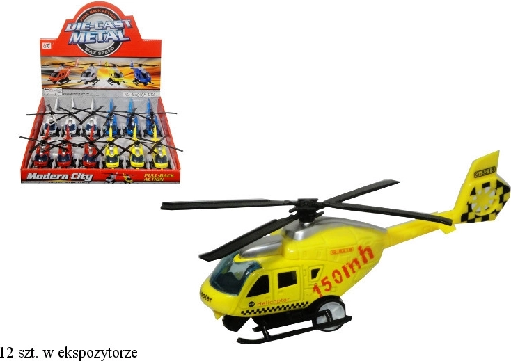 Helicóptero de rescate metal‑plástico con motor de retroceso (pull‑back)