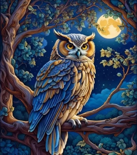 Pintura de diamantes – búho a la luz de la luna llena 30 × 40 cm