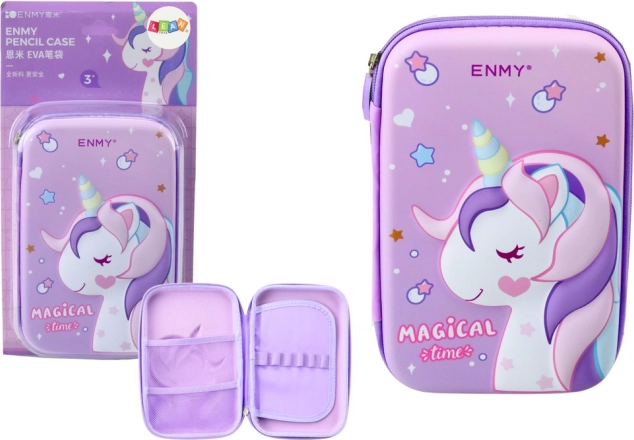 Estuche grande morado con unicornio 3D, desplegable 23 × 15 × 5 cm