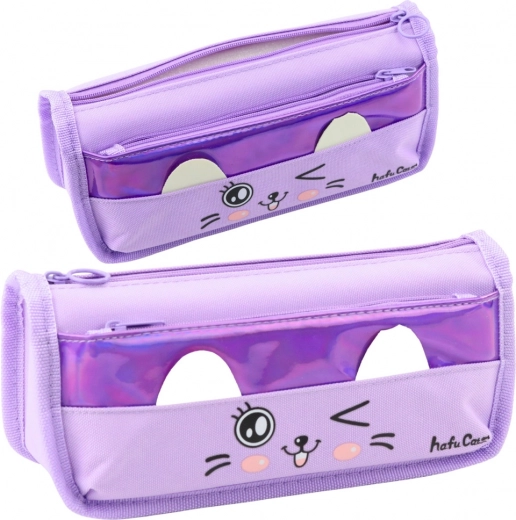 Estuche morado con motivo de gato - de dos compartimentos