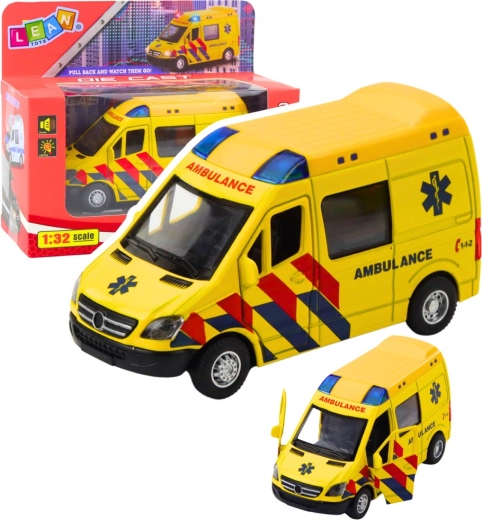 Ambulancia metálica 1:32 con motor pull-back, luces y sonidos – amarilla