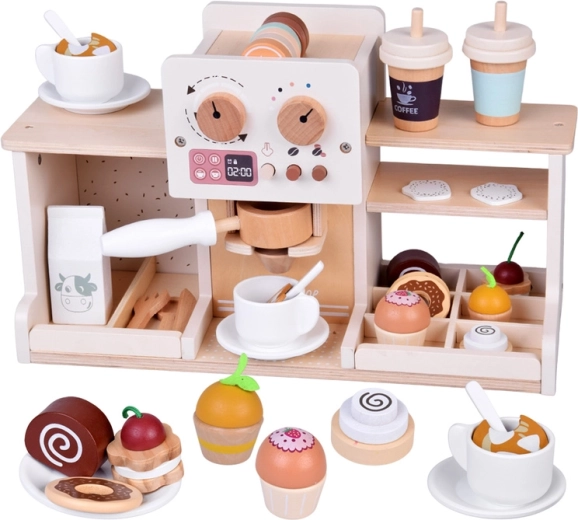 Cafetería infantil de madera con cafetera y postres