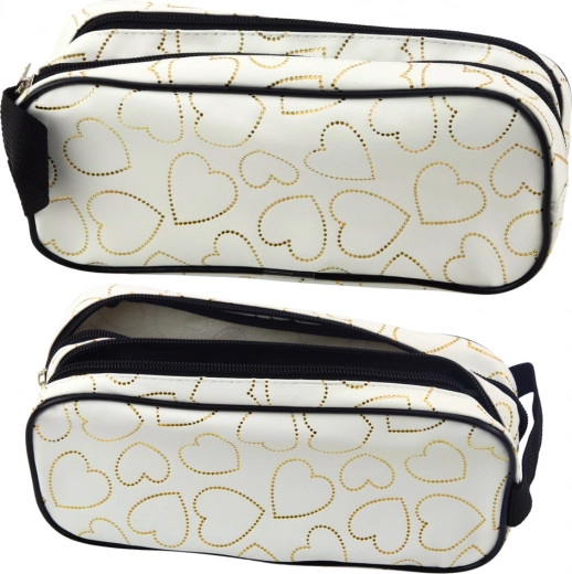 Estuche escolar blanco de dos compartimentos con corazones dorados