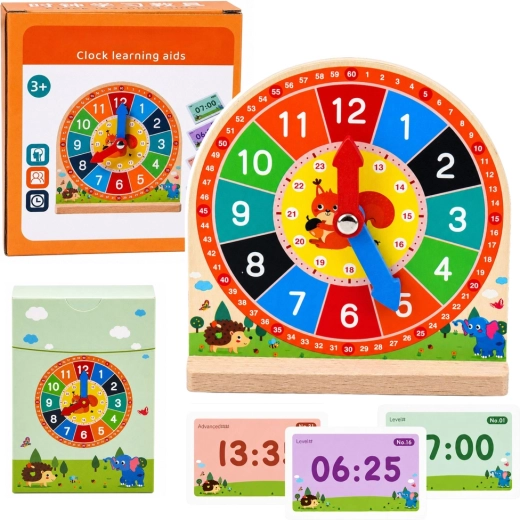 Reloj educativo de madera para aprender la hora con manecillas móviles y 55 tarjetas