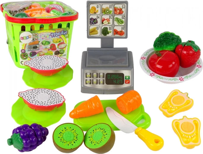 Cesta de la compra infantil con frutas y verduras para cortar y balanza de tienda