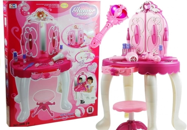 Tocador de maquillaje infantil mágico con varita rosa y accesorios