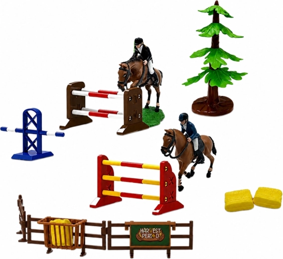 Pista de salto: obstáculos, jinetes y caballos