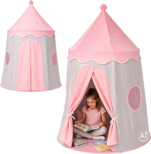 Tienda de juego infantil plegable con forma de castillo gris-rosa
