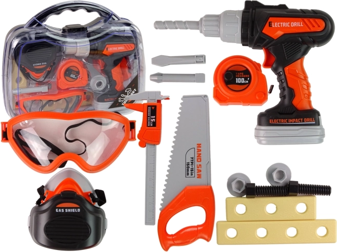 Set de herramientas con taladro eléctrico y gafas protectoras