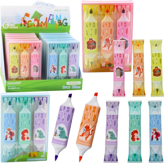 Set de rotuladores fluorescentes con motivo de animales, rosa y azul, dos puntas, 3 uds.