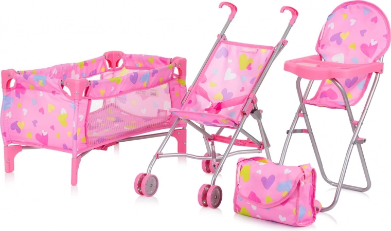 CHIPOLINO set para muñecas 3 en 1 Trixy Hearts – cochecito, cuna y trona