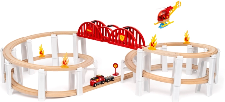 Brio World megaespiral – tren de madera con puente, accesorios de bomberos y helicóptero