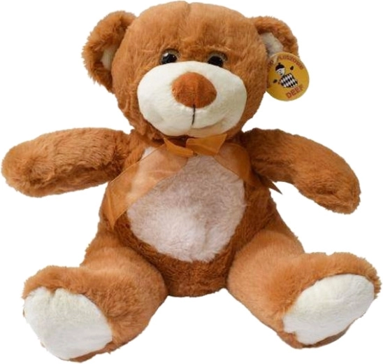 Osito de peluche con barriguita clara y lazo de tul marrón