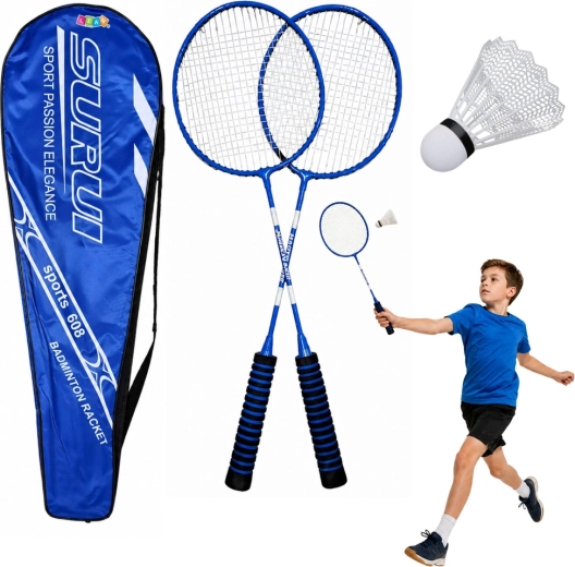 Set de bádminton – 2 raquetas, volante de plástico y funda (azul)