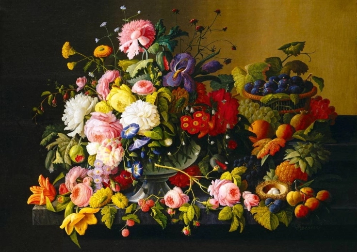 Puzzle Bluebird Naturaleza muerta con flores y fruta (1000 piezas)