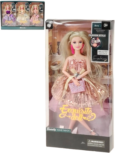 Muñeca de moda rubia con vestido de gala brillante con bolso y pendientes - 1 pieza