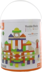 Juego de construcción de madera con 100 bloques en un cubo