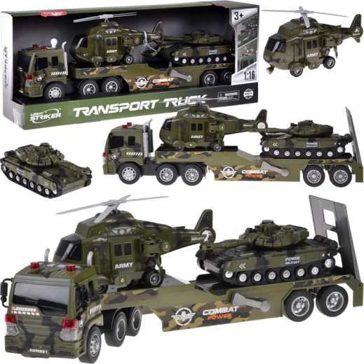 Set de transporte militar: camión con tanque y helicóptero, luces y sonidos
