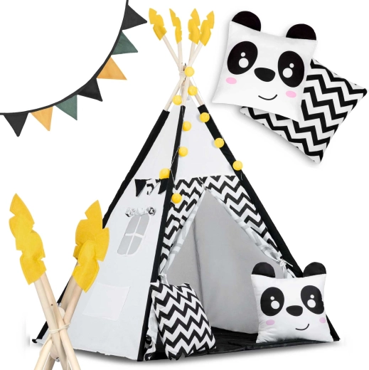 Tipi infantil con guirnalda y luces Nukido – blanco y negro con panda