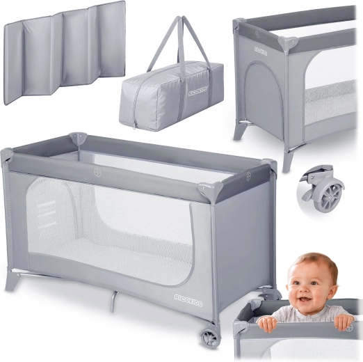 Cuna de viaje Ricokids con colchón y bolsa gris