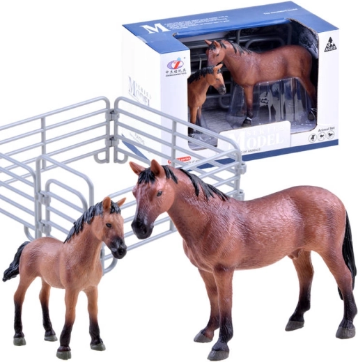 Set de figuras de caballo y potro con cercado – Marrón – recinto con puerta