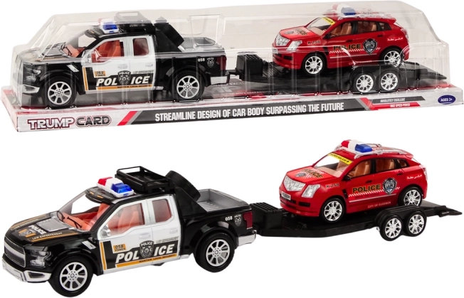 Pickup policial con remolque de arrastre y coche todoterreno