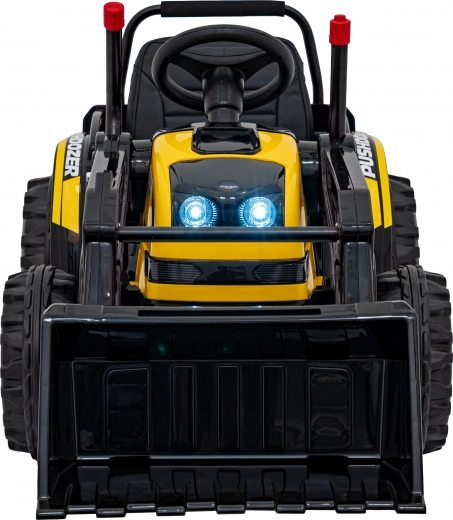 Bulldozer eléctrico infantil con pala, 12 V, control remoto, arranque suave, radio FM y LED – amarillo