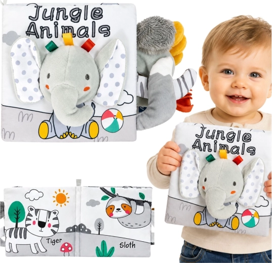 Libro sensorial suave para bebés con elefantito (cruje, pita y traquetea) gris