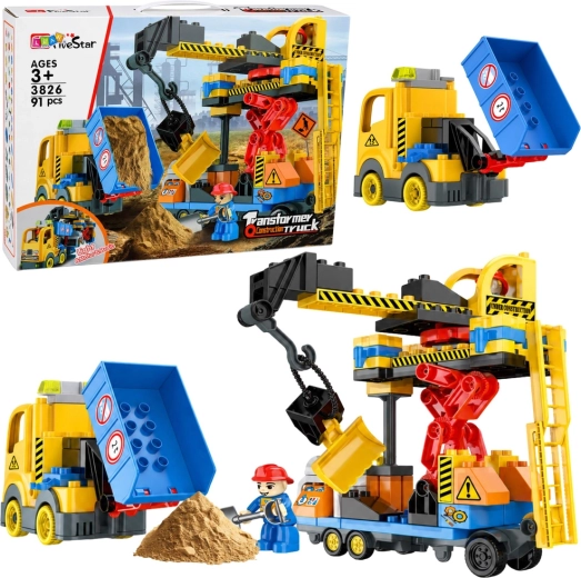 Kit de construcción de obra con grúa y volquete, 91 piezas