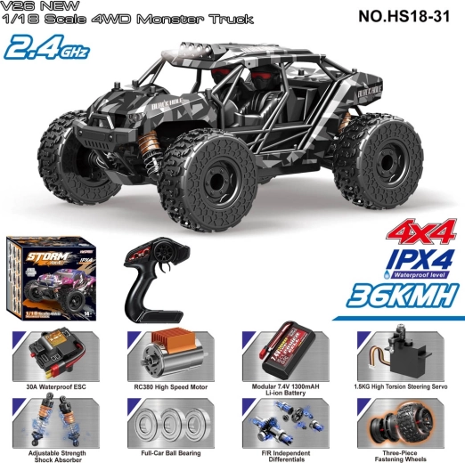 Coche todoterreno RC Storm 1:18 con tracción en las cuatro ruedas