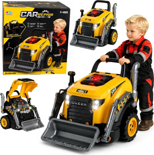 Bulldozer de montaje infantil pequeño mecánico con luces, sonidos y vapor