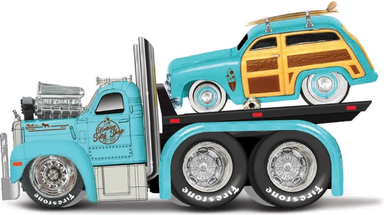 Maisto Muscle Transports 1953 Mack B-61 camión plataforma con 1950 Ford Woody 1:64