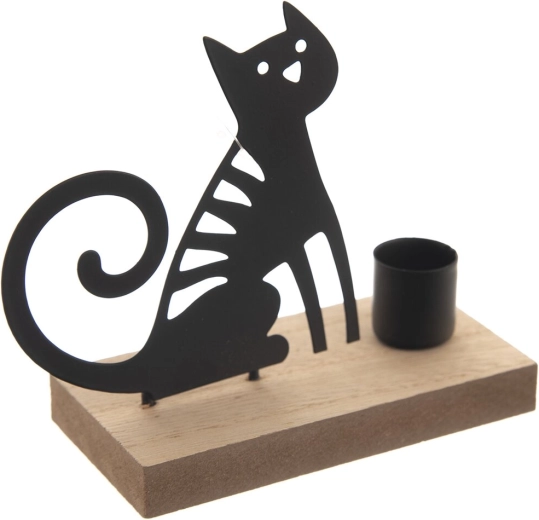 Portavelas de madera y metal con gato marrón-negro