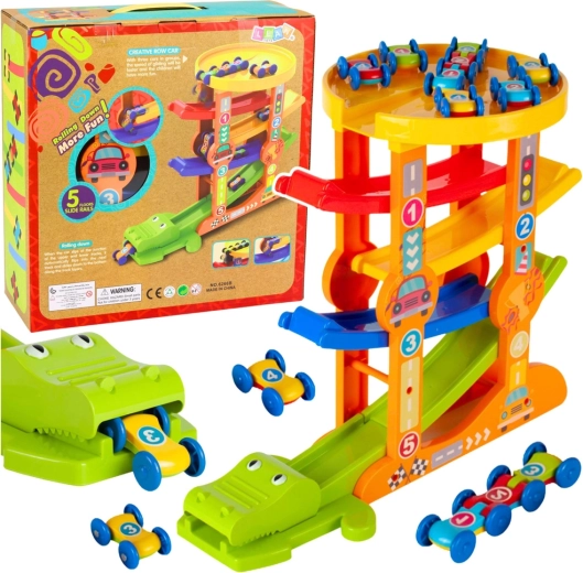 Pista de coches con tobogán y catapulta Cocodrilo – 5 niveles