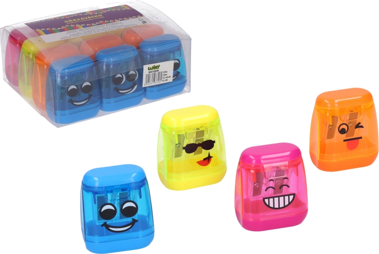 Sacapuntas transparente con carita sonriente para dos lápices - 1 unidad