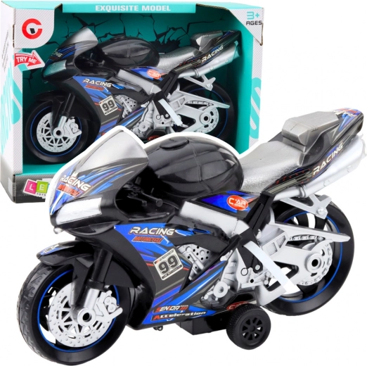 Motocicleta de carreras negro-azul con efectos de luz y sonido