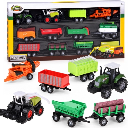 Set de vehículos agrícolas con tractor, cosechadora y remolques – 12 piezas