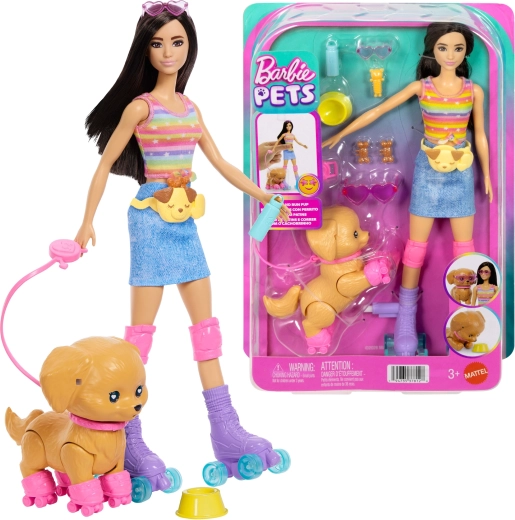 Barbie Pets – muñeca con patines en línea con cachorro y accesorios