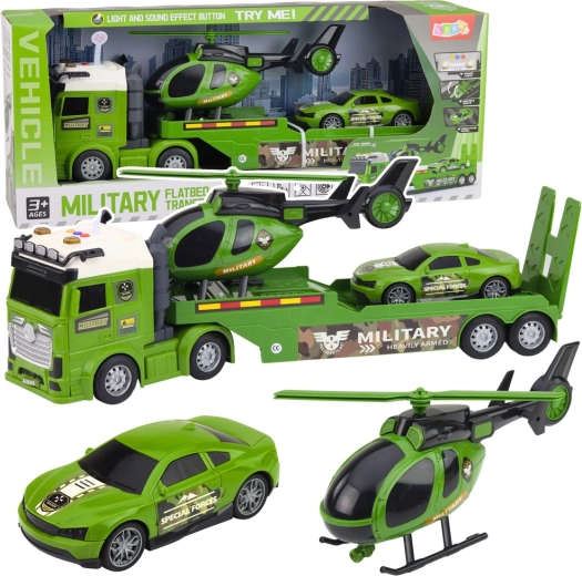 Set militar: camión con remolque, helicóptero y coche con luces y sonidos