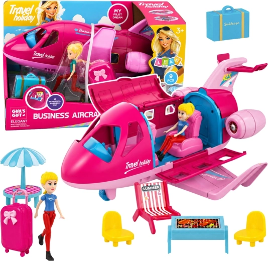 Avión desplegable para muñecas – set de viaje con accesorios (9 piezas), rosa