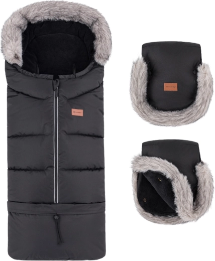 Petite&Mars set de invierno: saco Arctic 4 en 1 + manoplas para cochecito Furry Forever black