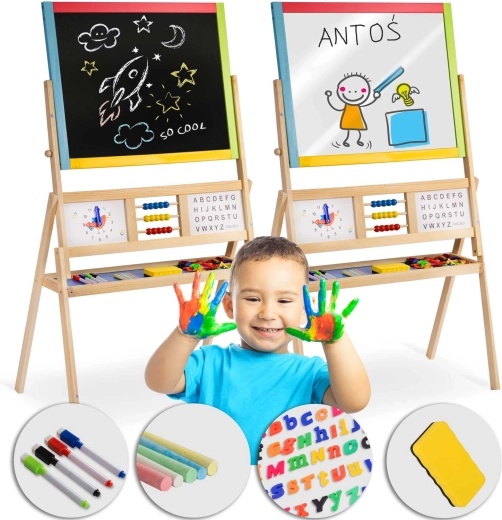 Gran pizarra giratoria magnética y de tiza con divertido reloj RICOKIDS – multicolor