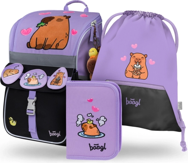 Set escolar Baagl Zippy Capibara: mochila tipo cartera, estuche y bolsa para gimnasia