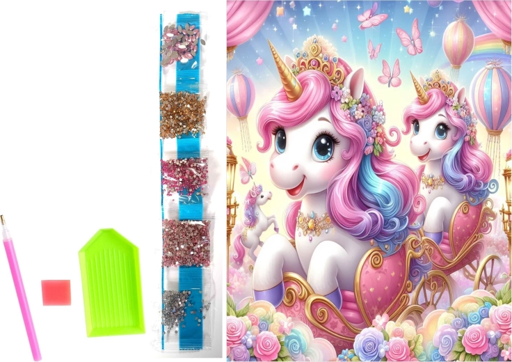 Pintura de diamantes en lienzo – unicornios en cochecito 23 × 30 cm