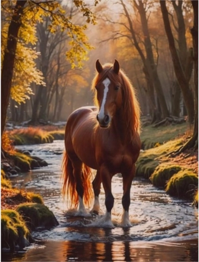 Pintura con diamantes – caballo en un arroyo del bosque 30 × 40 cm