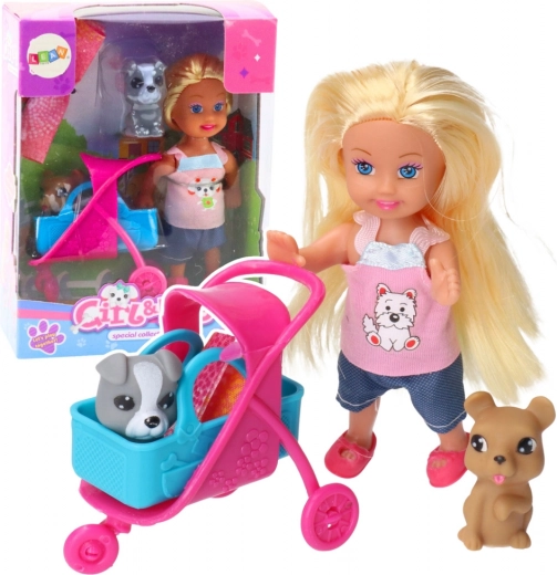 Set con mini muñeca, carrito y perritos