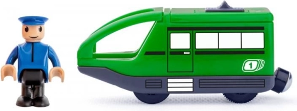 Tren verde con vías y maquinista a pilas