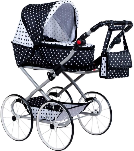 Cochecito retro infantil para muñecas 2 en 1 NEW BABY Natálka, blanco‑negro